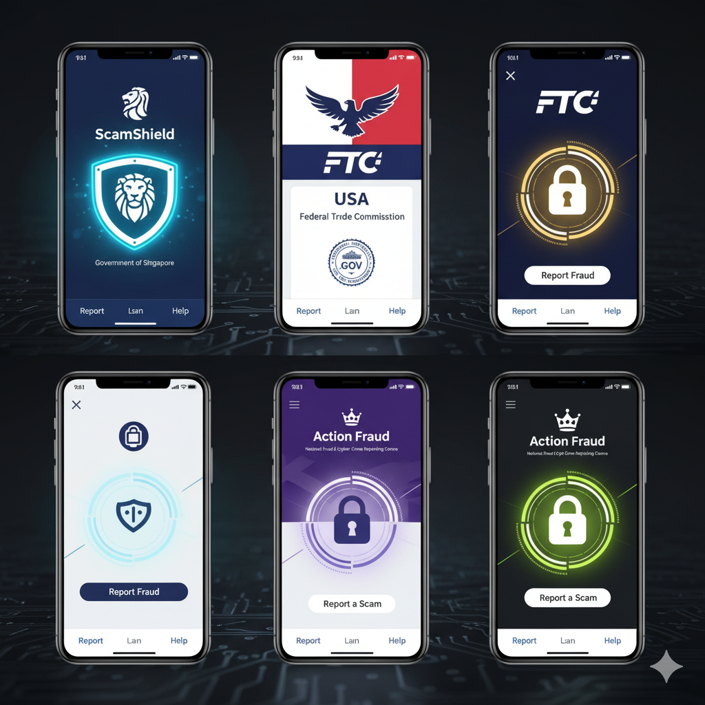 A smartphone displaying various anti-scam apps including ScamShield, FTC, and Action Fraud, set against a dark, tech-themed background.