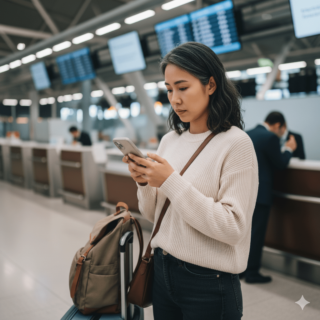 A woman in a cozy sweater stands in an airport terminal, focused on her smartphone. She has a bag slung over her shoulder and is near a luggage cart, with the airport check-in counters and digital flight displays visible in the background.
