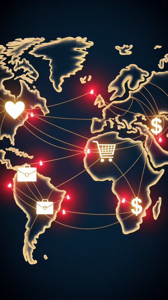 A stylized illustration of a world map with glowing icons representing love, shopping, money, and emails connected by lines, depicting global interactions and communication.