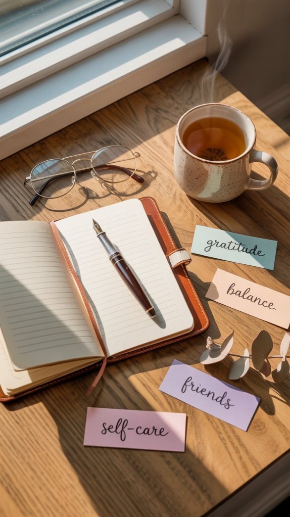 A cozy workspace featuring a steaming cup of tea, a notebook with an open page and a fountain pen, and colorful cards labeled 'gratitude', 'balance', 'friends', and 'self-care', with glasses resting nearby.
