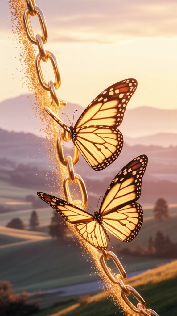 Two golden butterflies emerging from a broken chain against a sunset landscape, symbolizing freedom and transformation.