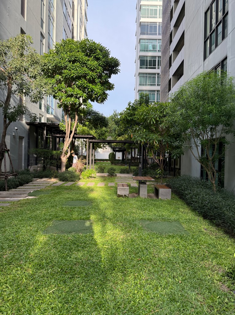A green garden area between two high-rise buildings, featuring grassy patches, trees, and benches, offering a serene space for relaxation.