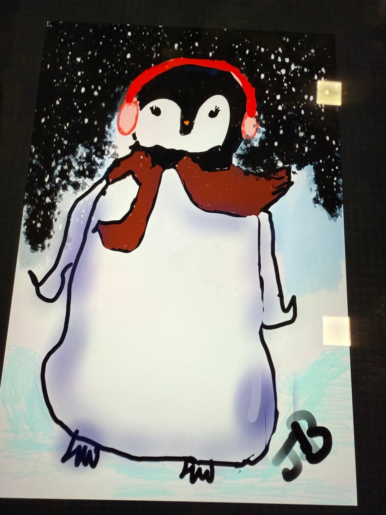 A digital drawing of a penguin wearing a red scarf and red earmuffs, set against a snowy background.