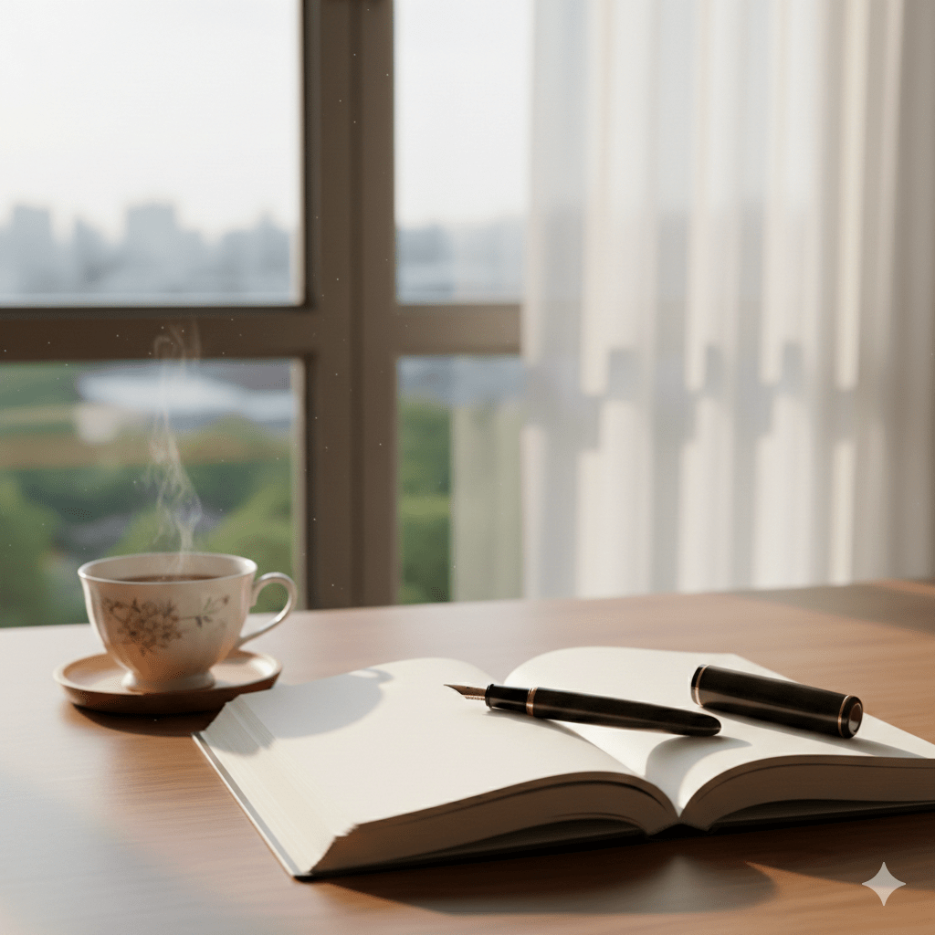 A cozy desk setup featuring a cup of steaming tea or coffee, an open book, and a fountain pen, with a window view showcasing greenery and soft curtain light.