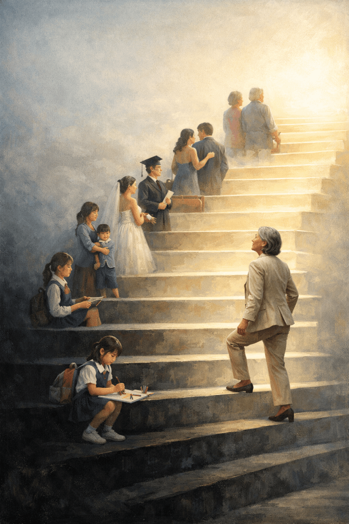 A symbolic representation of life's journey, depicting individuals of different ages ascending a staircase towards a bright light, signifying growth, milestones, and the passage of time.