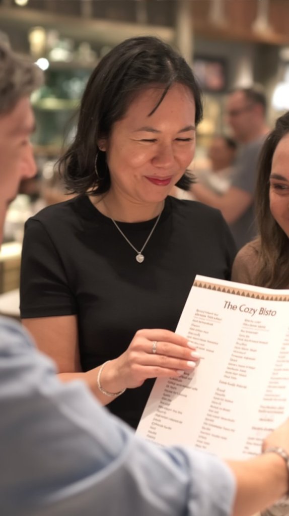 A group of middle-aged friends at a dinner table struggling to read a menu due to presbyopia, illustrating the "short arm syndrome" common in your 40s and 50s.