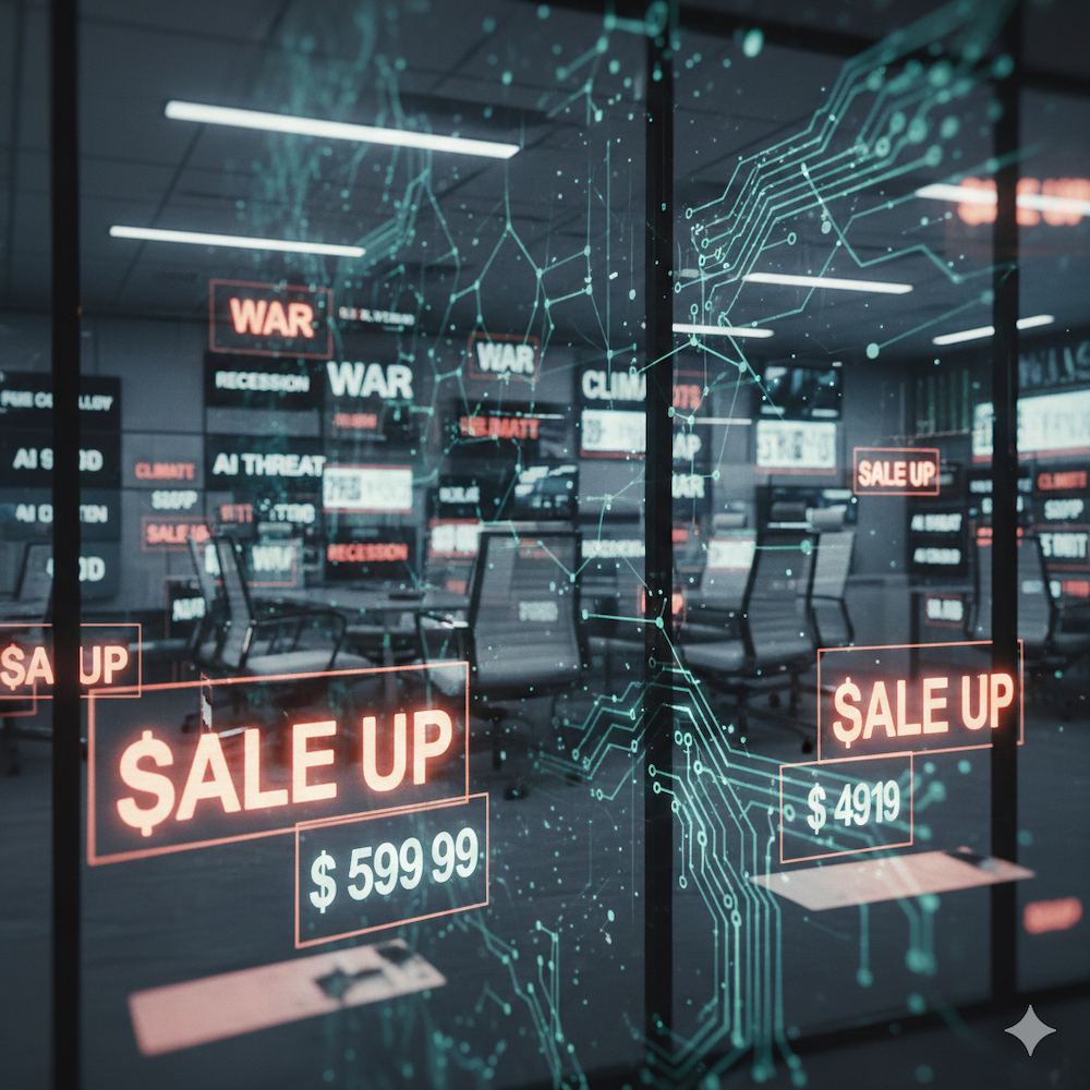 A digital overlay of market data, AI threats, and rising prices inside a modern office, representing the 'perfect storm' of economic and technological shifts facing workers in 2026.