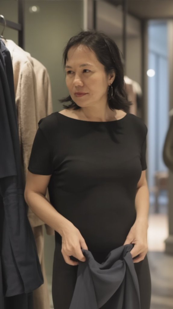 A woman in a black shirt holding a piece of fabric stands in a clothing store, looking thoughtfully at her surroundings.