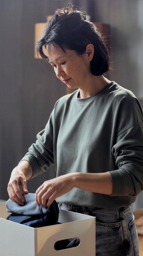 A woman wearing a green sweater is sorting clothes into a white box, looking focused and content.