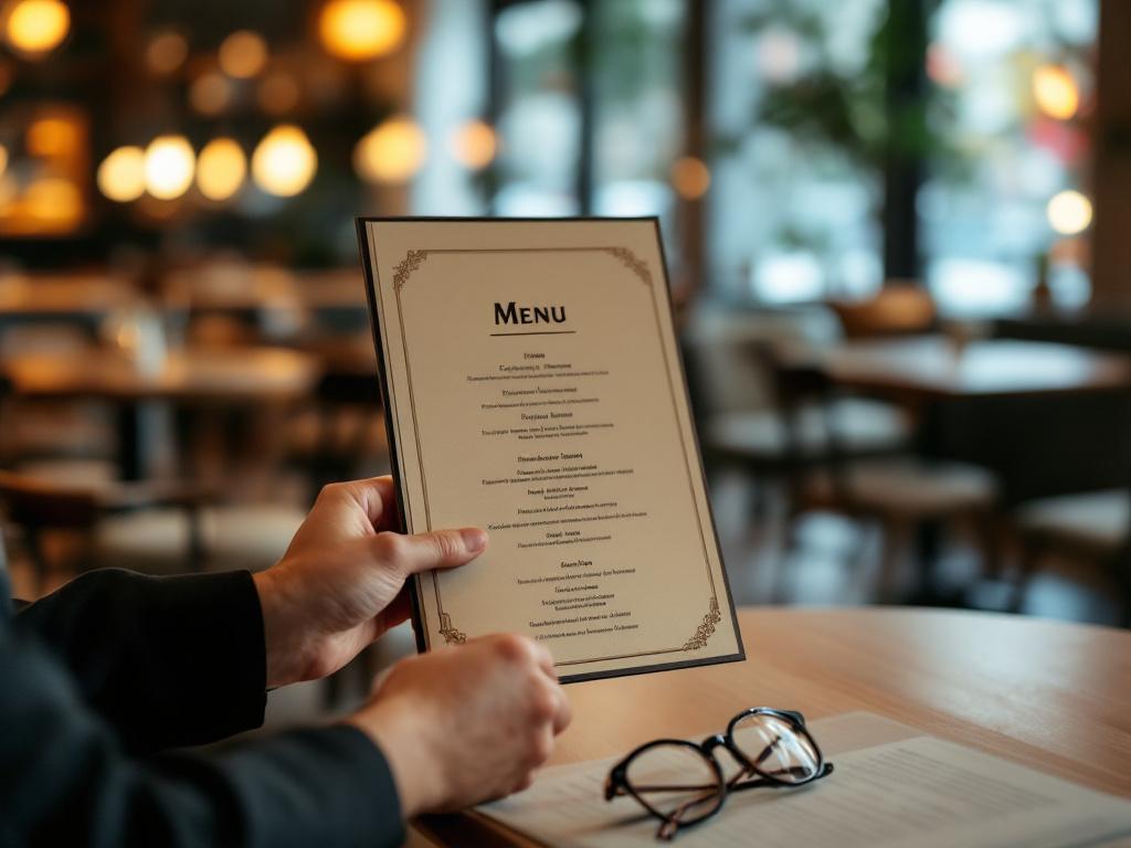 A person holding a restaurant menu in a dining setting with blurred tables in the background, and a pair of glasses resting on a nearby table.
