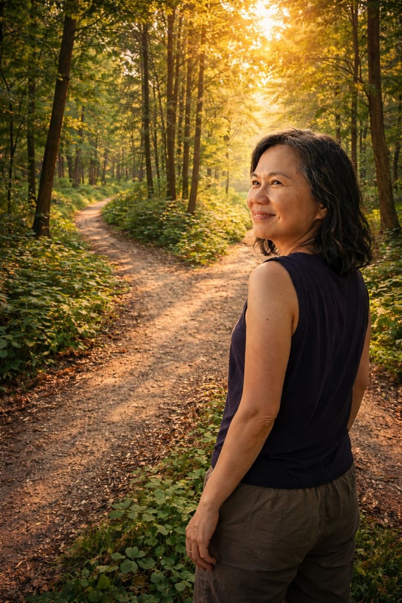 A woman standing on a forest path, looking back with a smile as sunlight filters through the trees.