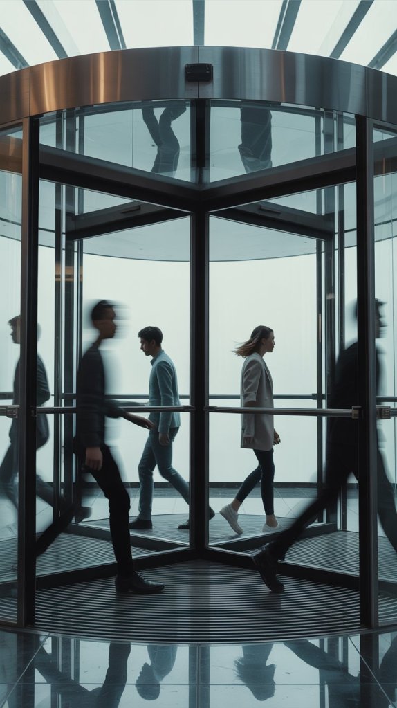 A group of people walking through a modern revolving door, captured with motion blur, creating a dynamic scene in an urban environment.