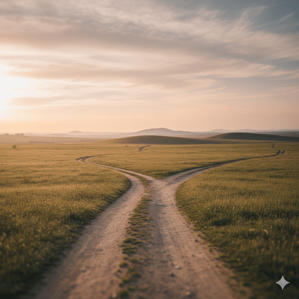 A landscape image showing a dirt path that splits into two directions, surrounded by green grass and hills under a soft, cloudy sky.