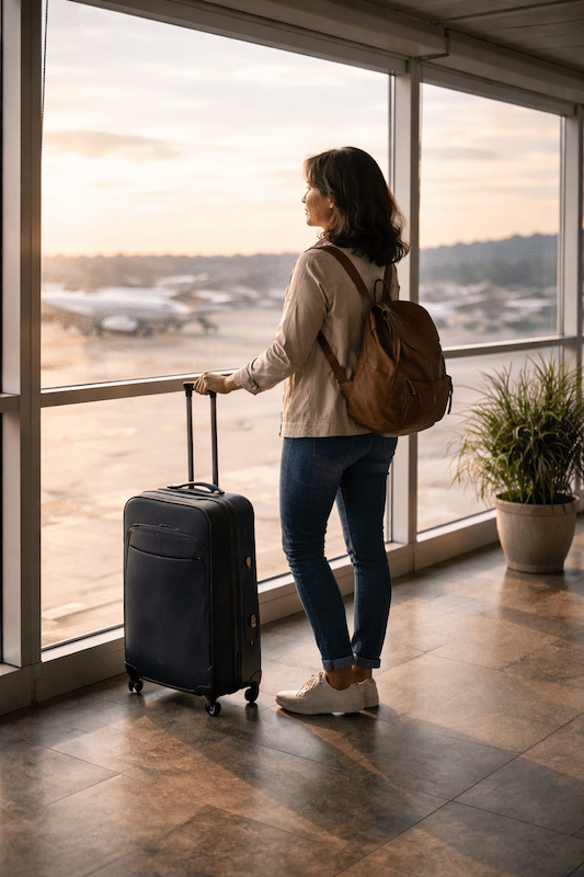 A confident Asian woman with a short bob haircut standing in a vast, open landscape under a pastel sky, representing the mental peace gained from facing fears head-on.