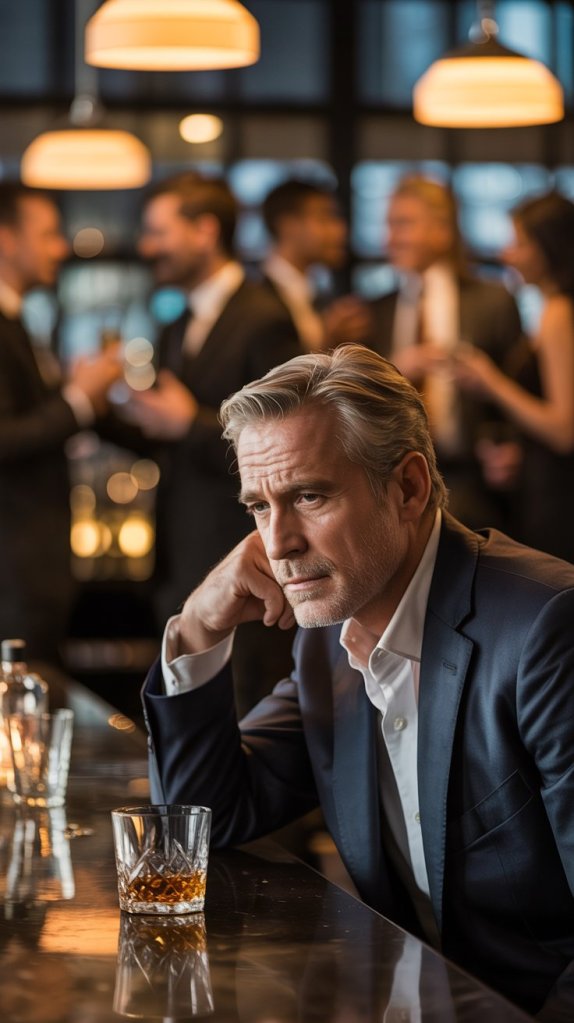 A contemplative man in a suit sits at a bar with a glass of whiskey, surrounded by a blurred background of socializing guests.