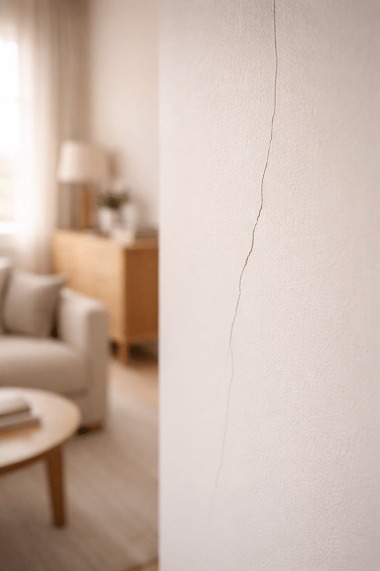 A sharp, vertical crack running down a clean, neutral-toned interior wall with a blurred living room in the background, serving as a metaphor for the hidden "cracks" and complexities in relationships that require honest examination.