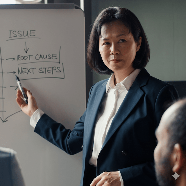 A professional woman standing next to a whiteboard, presenting information about an issue, root cause, and next steps while holding a marker.