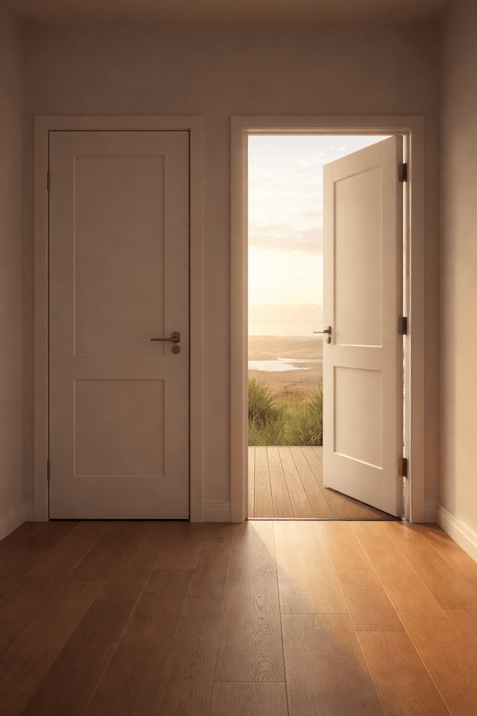 A view of a room with two closed doors, one of which is open revealing a scenic outdoor view at sunset.