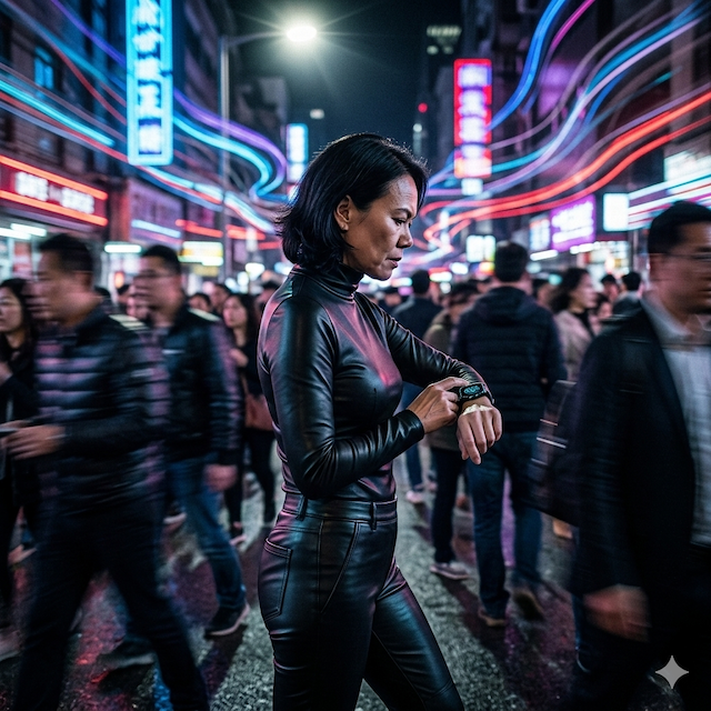 A woman in a black outfit checking her watch amid a busy, illuminated street filled with people in motion at night.