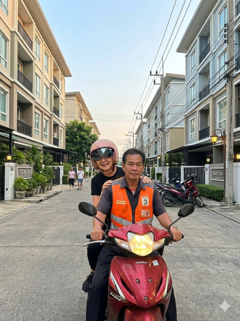 A woman in a pink helmet smiles while riding on the back of a maroon scooter, driven by a man wearing an orange vest, on a quiet residential street with apartment buildings in the background.