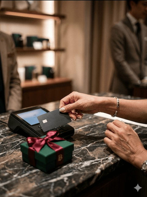 A person holding a credit card ready to make a payment at a checkout counter with a small gift box adorned in green and red ribbon in the foreground.