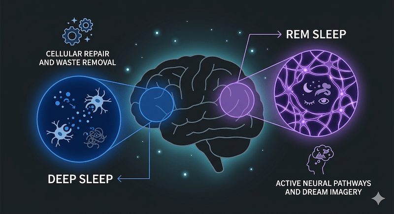 Illustration of a brain with annotations explaining the functions of deep sleep and REM sleep, highlighting cellular repair and waste removal in deep sleep, and active neural pathways and dream imagery in REM sleep.