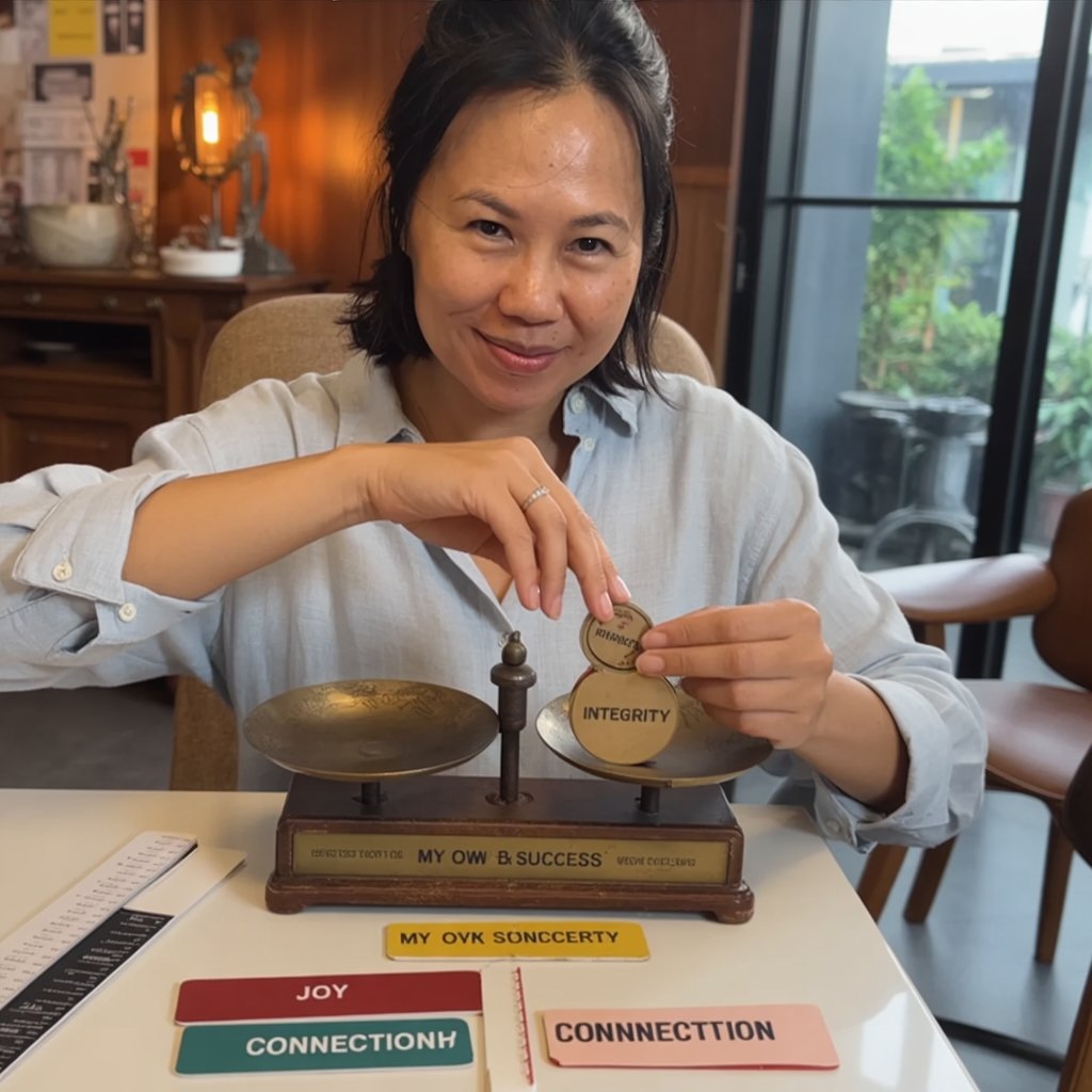 A conceptual photograph of the author (from image_5.png) smiling and actively adjusting an antique brass weighing machine in a sunlit Singapore studio. She is balancing personalized weights (like 'Authenticity') against generic corporate weights, symbolizing her redefining personal success.