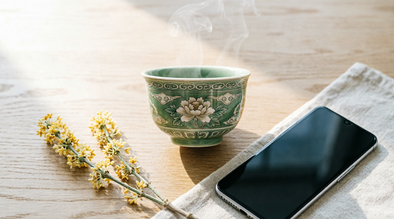 A steaming floral Chinese tea cup next to a modern smartphone and yellow flowers on a wooden table.