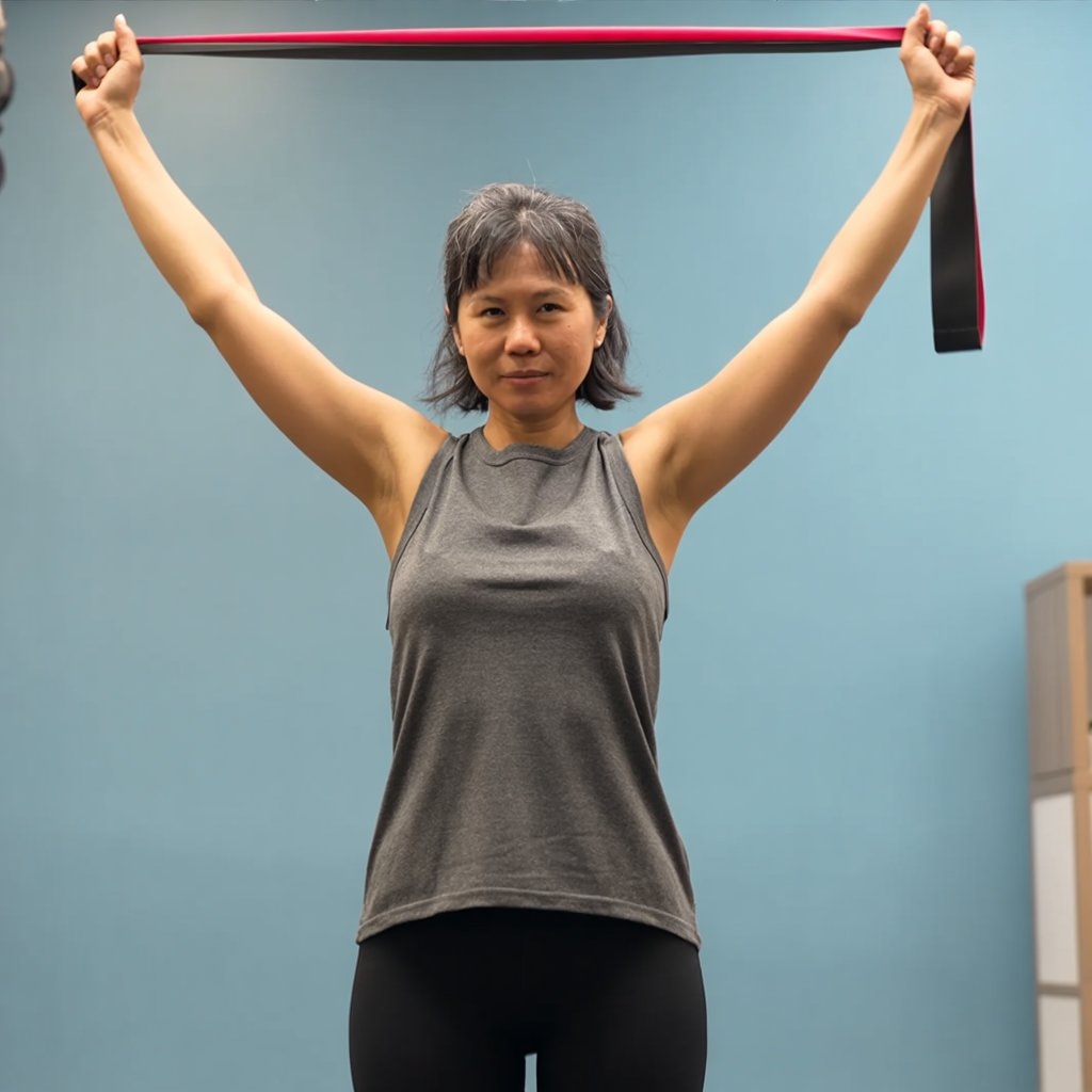 Jane performing a resistance band stretch in her home living room, using simple equipment for functional longevity.