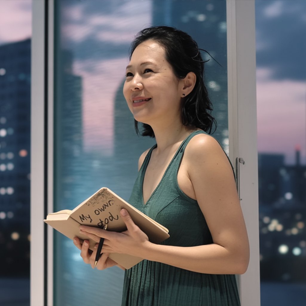 The author smiling gently, standing by a window at twilight, holding a journal that says 'My Own Road,' symbolizing self-approval and owning her decisions.