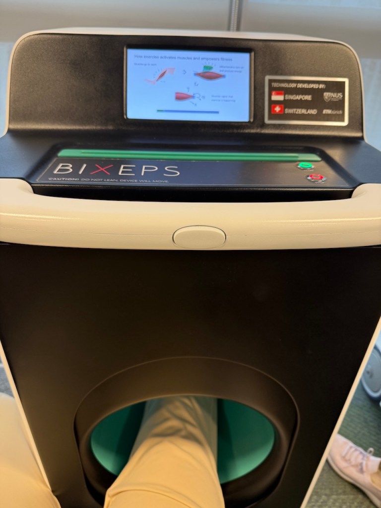 Close-up of the BIXEPS magnetic muscle stimulation chamber targeting the lower leg