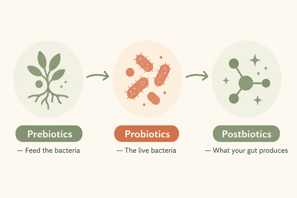 A clean infographic diagram showing the relationship between prebiotics, probiotics, and postbiotics in the gut ecosystem.