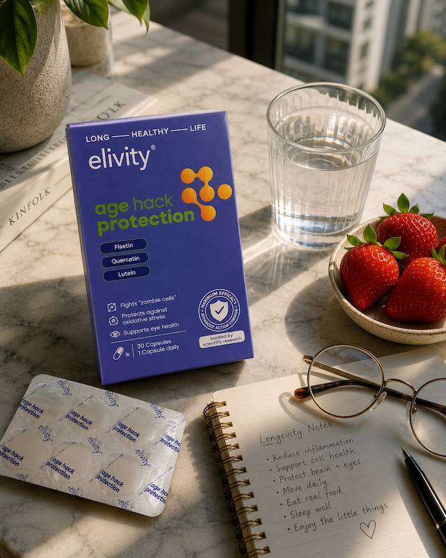 Elevate your daily routine with Elivity Age Hack Protection—a scientifically backed formula designed to fight "zombie cells" and support long-term brain and eye health. Paired with a balanced diet and mindful habits, it’s your essential partner for a long, healthy life.