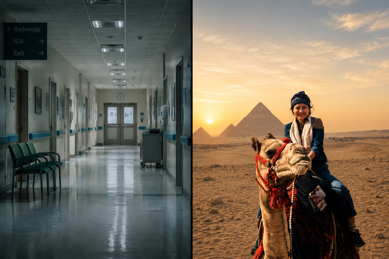 A split image contrasting a dim, sterile hospital hallway with a bright, sun-drenched photo of a solo female traveler on a camel at the Pyramids of Giza.