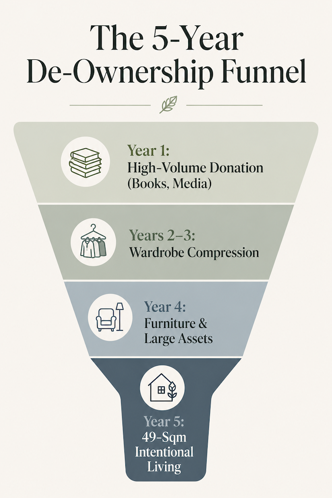 An elegant, minimalist vertical infographic displaying the 5-Year De-Ownership Funnel strategy, breaking down intentional downsizing from high-volume media donations to compressing furniture down to a 49-square-metre footprint.
