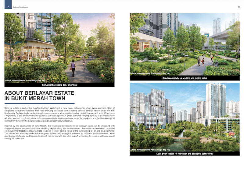 Official architectural rendering of Berlayar Residences BTO estate in Singapore, integrated with lush green parks, walking trails, and dense tropical landscaping near Labrador Nature Reserve.