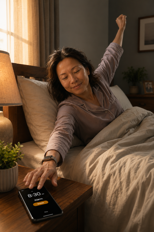 A middle-aged woman in purple pajamas waking up at 8:30 AM, stretching one arm up while turning off her phone alarm on a wooden nightstand.