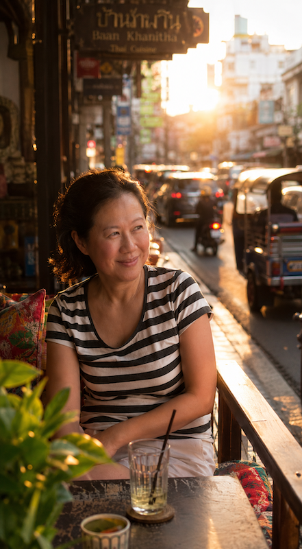 Ageisano blogger sitting thoughtfully at an outdoor street-side café table in Bangkok during golden hour sunset, modeling mindfulness and self-reflection.