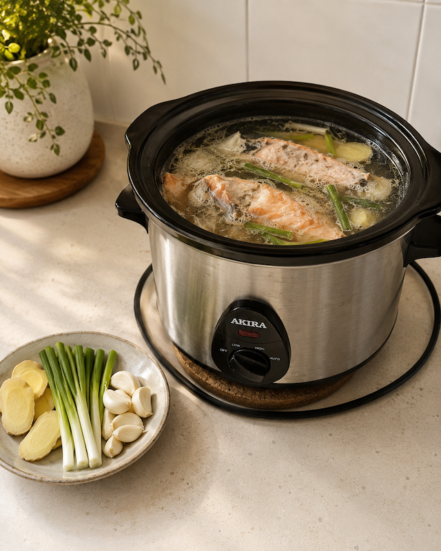 A stainless steel Akira slow cooker simmering a homemade bone broth with king salmon frames, green scallions, and ginger slices on a bright kitchen counter.