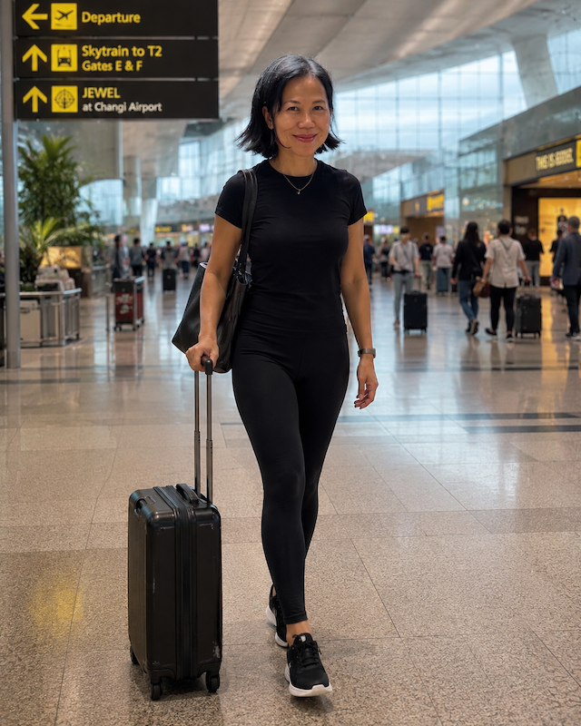 Blogger from Ageisano walking confidently with a suitcase during golden hour against a modern city skyline of skyscrapers.