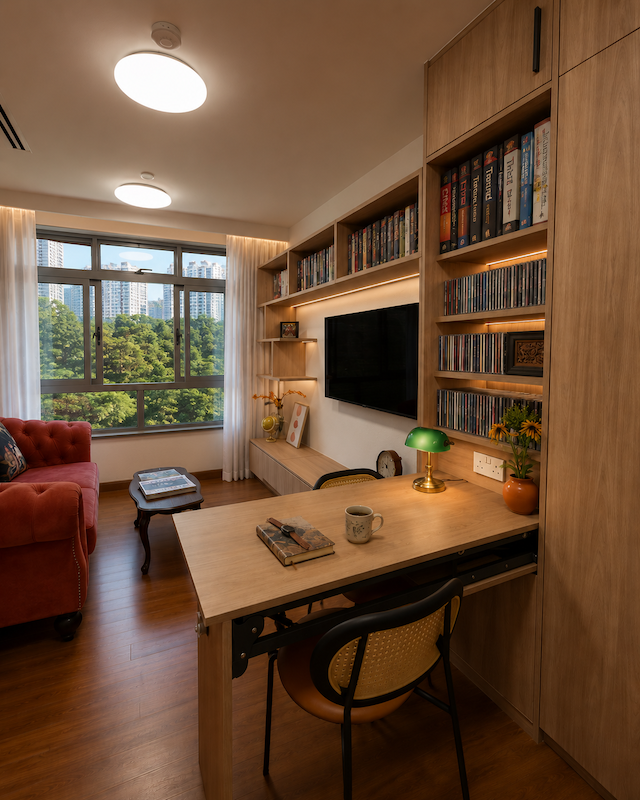 An artist impression of a future flat interior featuring built-in bookshelves, a red sofa, and an urban green view, symbolizing a midlife intentional living project.