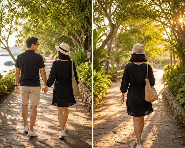 Split image showing a couple walking together on one side and a woman walking alone on the other, both on the same sunlit path