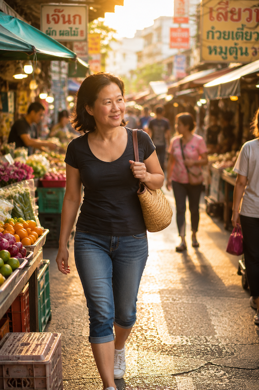 Ageisano blogger walking confidently through a vibrant, sunlit Bangkok street market with a woven shoulder bag.