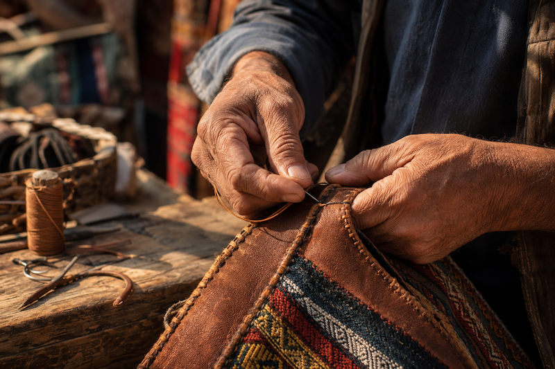 Close-up of a skilled artisan's hands working carefully on a traditional craft.