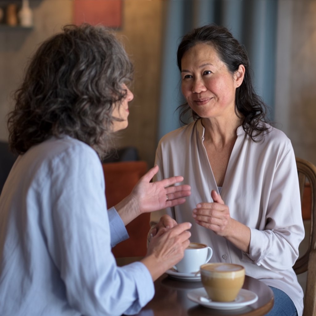 Two women in their 50s having a meaningful face-to-face conversation over coffee, with one listening intently.