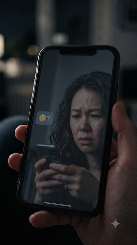 Smartphone screen glowing in dim light, symbolizing the emotional distance of a misread text message