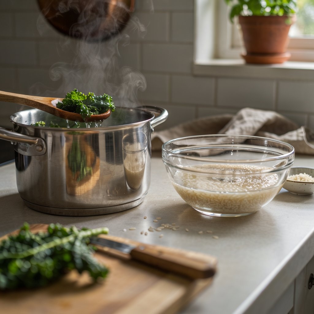 Fresh green kale and white rice on a kitchen counter during meal preparation, highlighting traditional methods to reduce phytic acid and oxalates.