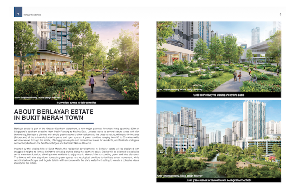 An official architectural render of the modern, sustainable Berlayar Residences HDB development in Singapore, surrounded by coastal greenery